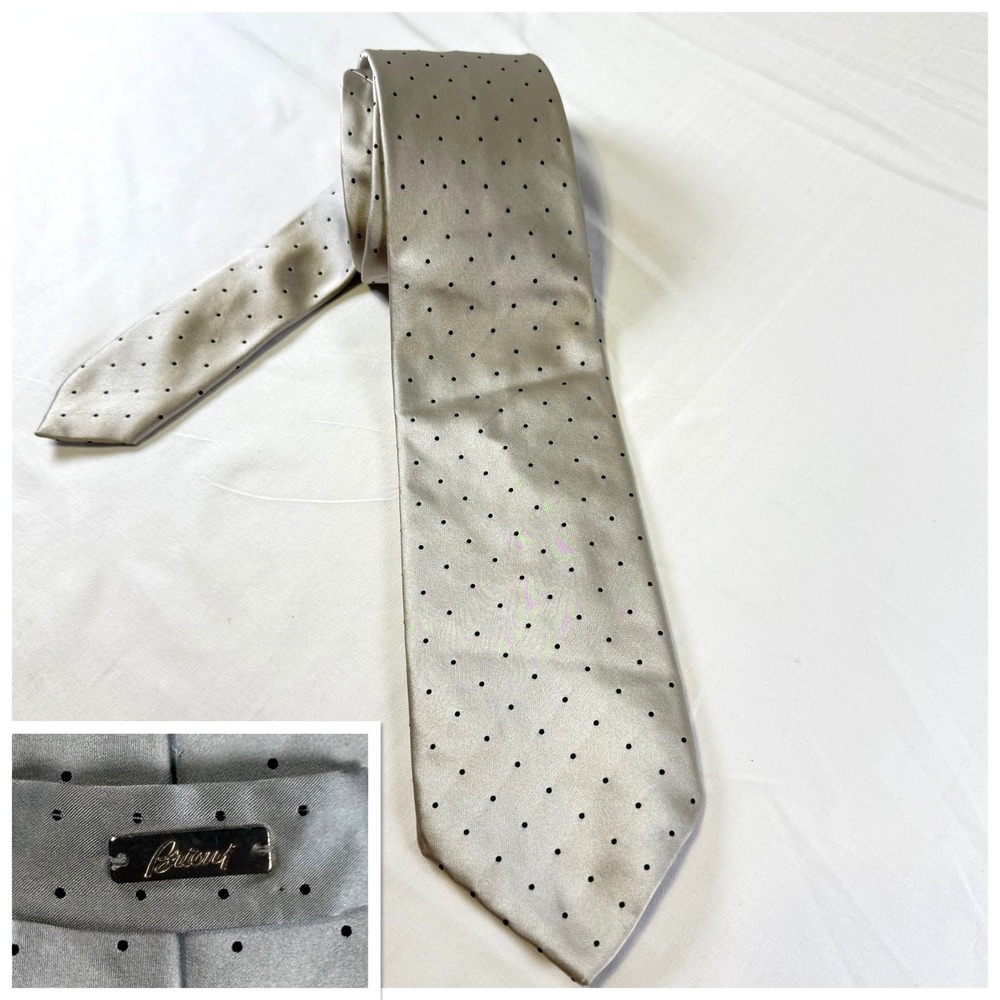Brioni Silver Textured Silk Tie Black Dot Italy Made Luxury Designer Necktie